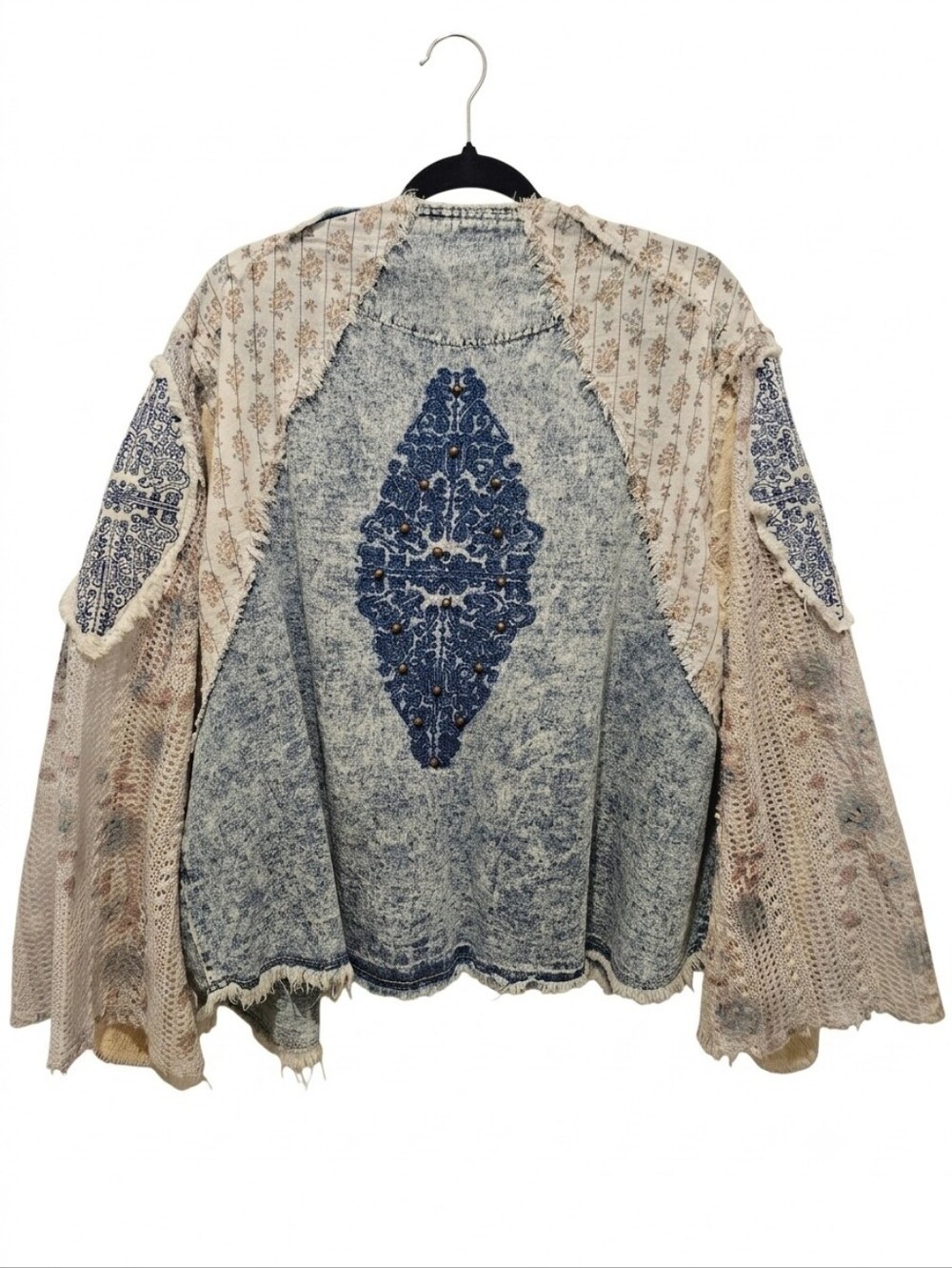 POL Patchwork Boho Crochet Lace Fringe Open Front Jacket - Medium
